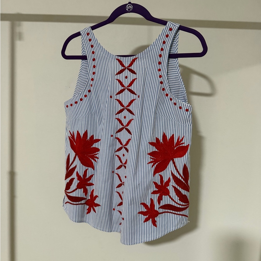 Maeve Blue and Red Embroidered Blouse Anthropologie top Size M